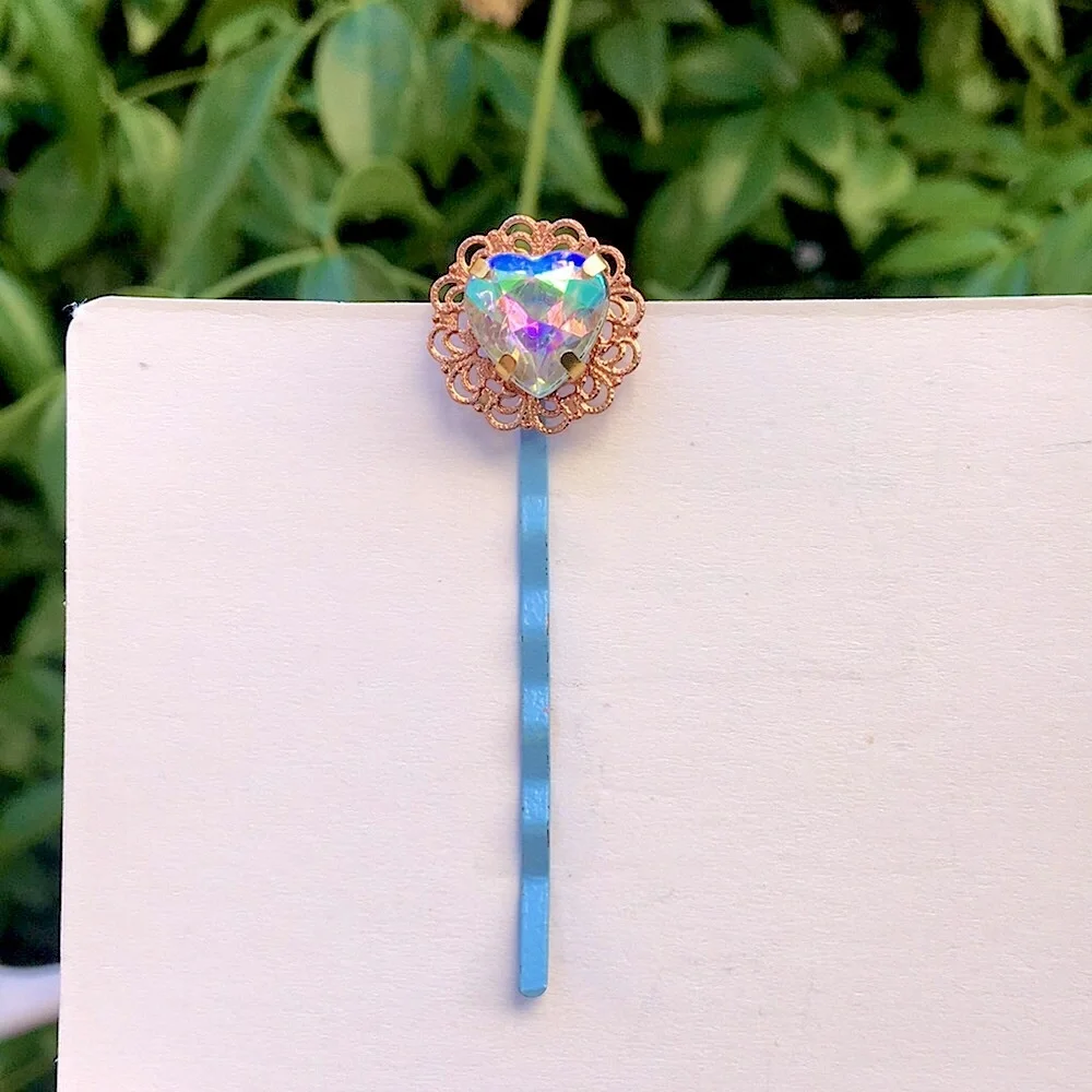 Aurora Borealis Crystal Heart + Pastel Blue Hair Pin